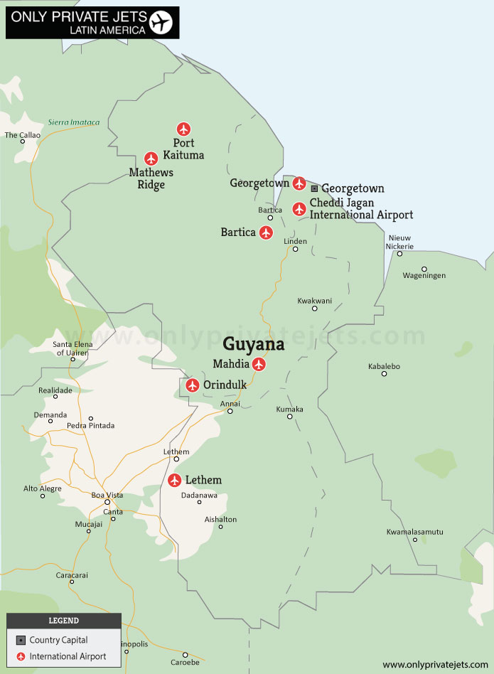 Guyana private jet airports map