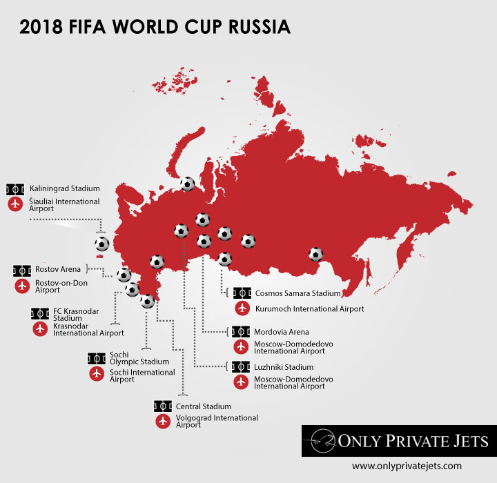 Russia 2018 FIFA World Cup by Private Jet map